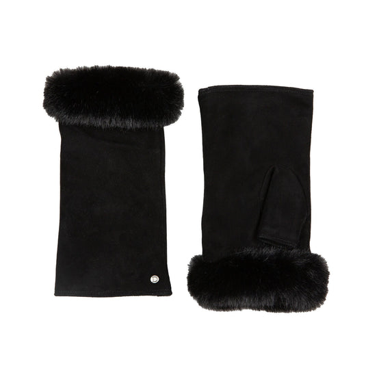 Dents Womens Fingerless Faux Fur-Lined Suede Mitten Gloves w/ Faux Fur Trim in Black-4