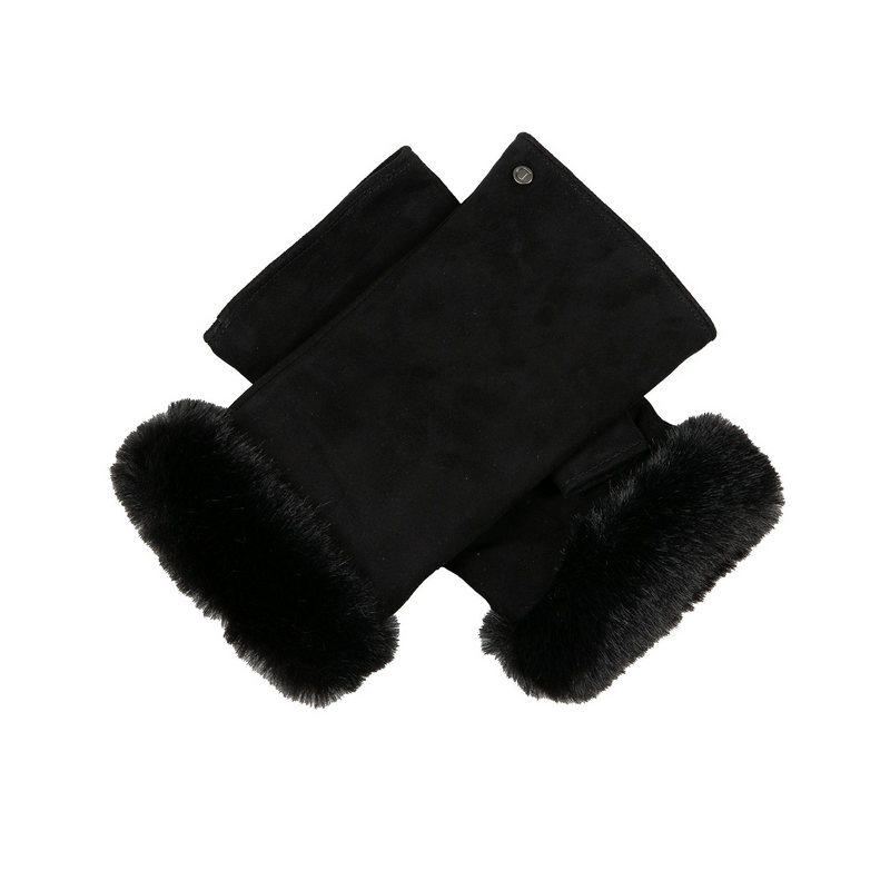 Load image into Gallery viewer, Dents Womens Fingerless Faux Fur-Lined Suede Mitten Gloves w/ Faux Fur Trim in Black-1
