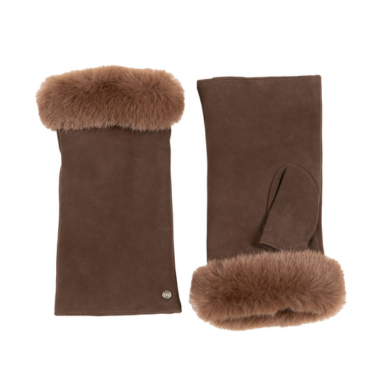 Dents Eva Women's Fingerless Suede Mittens with Faux Fur – Mocca