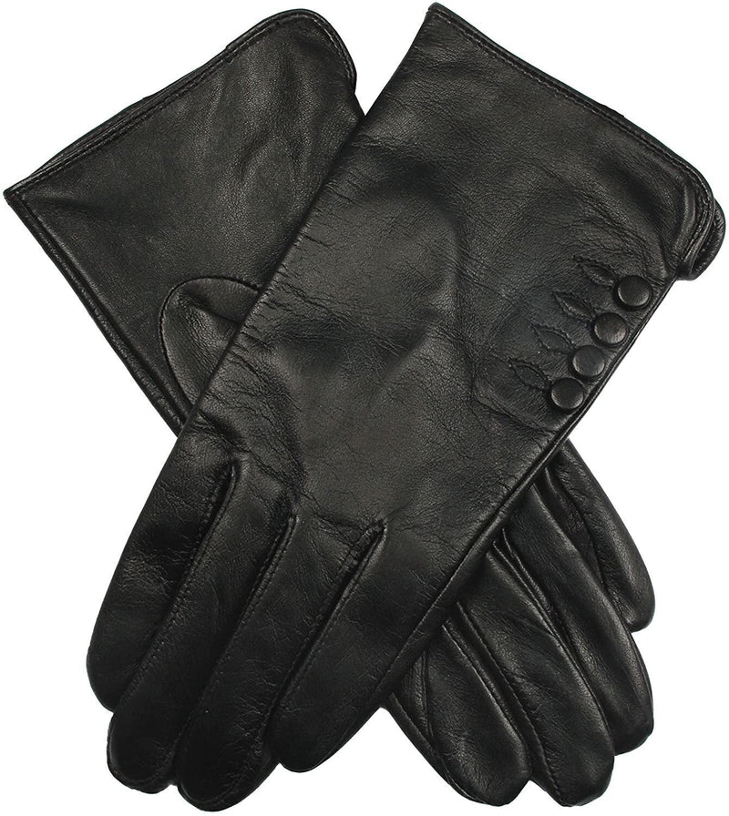 Load image into Gallery viewer, Dents Womens Leather Gloves With Button Detail Piped Cuff And Silk Feel Lining - Black-1
