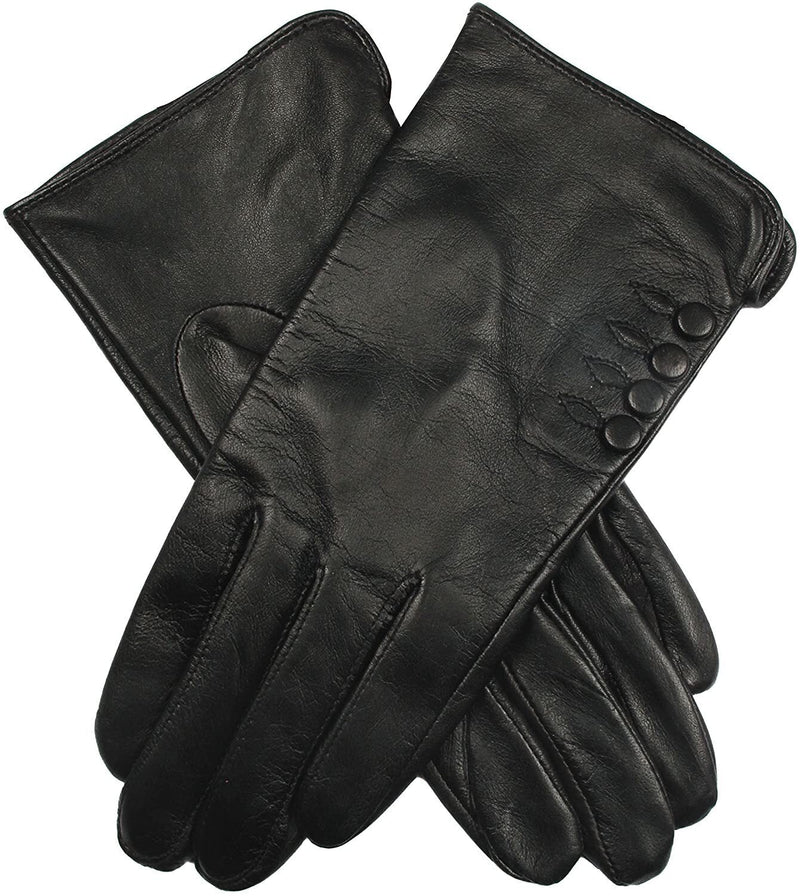 Load image into Gallery viewer, Dents Womens Leather Gloves With Button Detail Piped Cuff And Silk Feel Lining - Black-0

