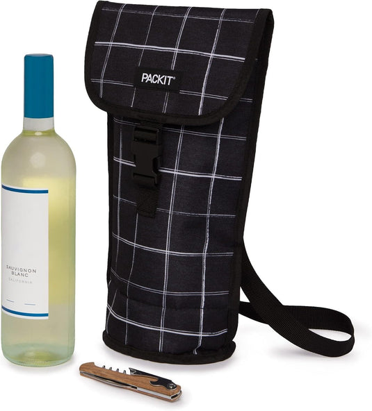 PACKIT Freezable Napa Wine Bag Cooler Carrier Insulated Portable Wine Chiller - Black Grid-1