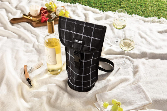 PACKIT Freezable Napa Wine Bag Cooler Carrier Insulated Portable Wine Chiller - Black Grid-4