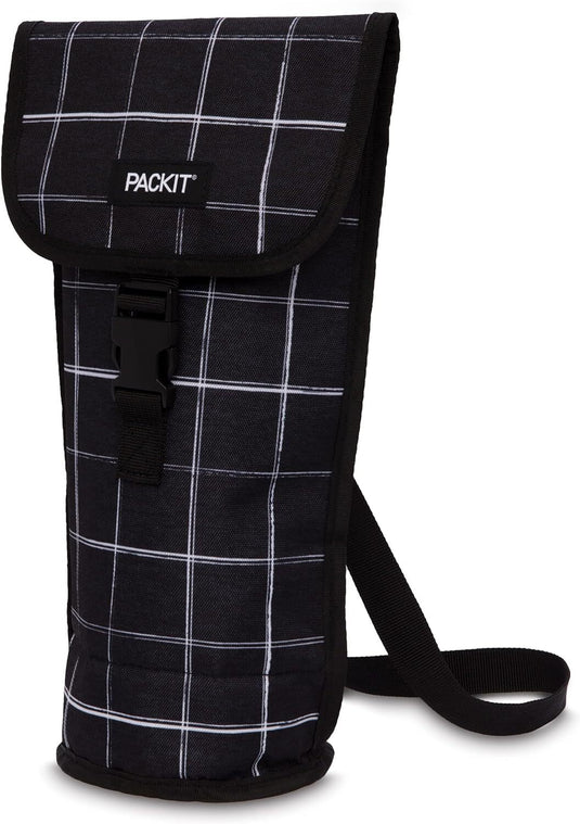 PACKIT Freezable Napa Wine Bag Cooler Carrier Insulated Portable Wine Chiller - Black Grid-2