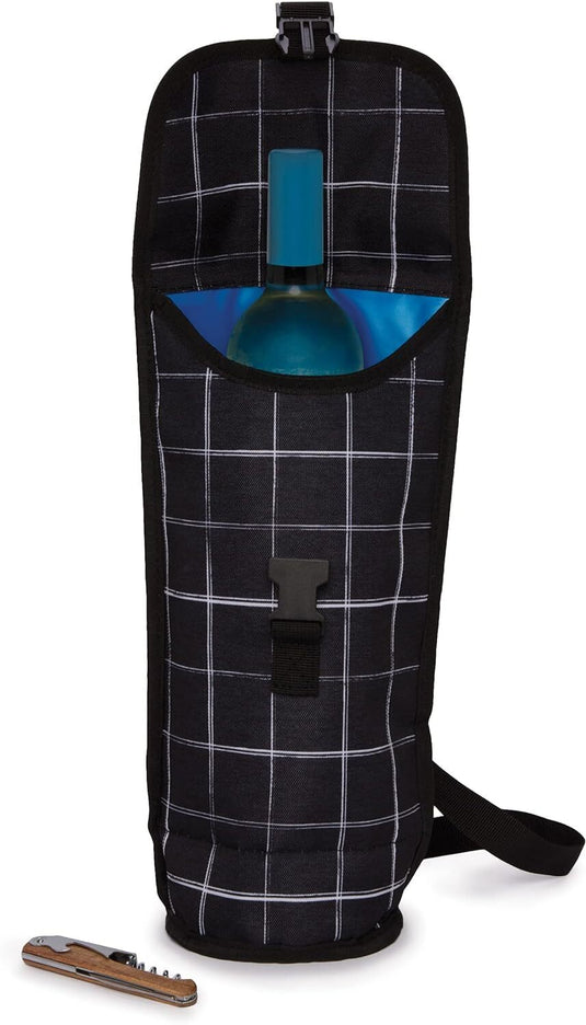 PACKIT Freezable Napa Wine Bag Cooler Carrier Insulated Portable Wine Chiller - Black Grid-3