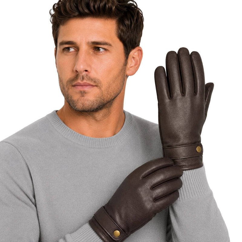 Load image into Gallery viewer, Mens Premium Kangaroo Leather Gloves Strap Stud Fastening Winter Warm - Brown-3
