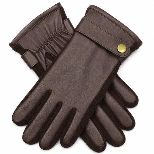 Mens Premium Kangaroo Leather Gloves Strap Stud Fastening Winter Warm - Brown-1