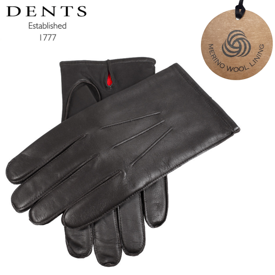 Dents Mens 3 Point Classic Leather Gloves with Australian Merino Wool Lining - Black-1
