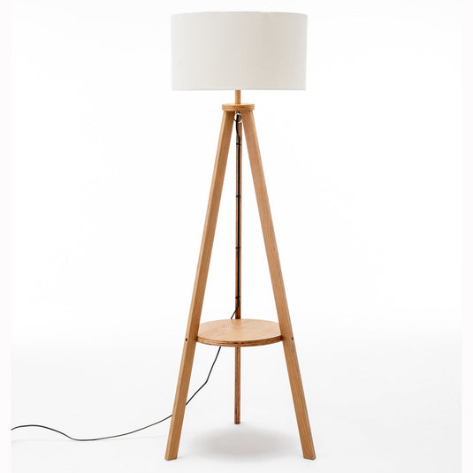 Natural Wooden Tripod Floor Lamp w/ Round Wood Shelf + Off White Linen Shade-1