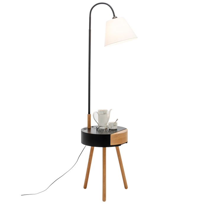 170cm Florence Wooden Tripod Lamp & Shelf/Table Storage w/ USB Charger - Natural/Black-0