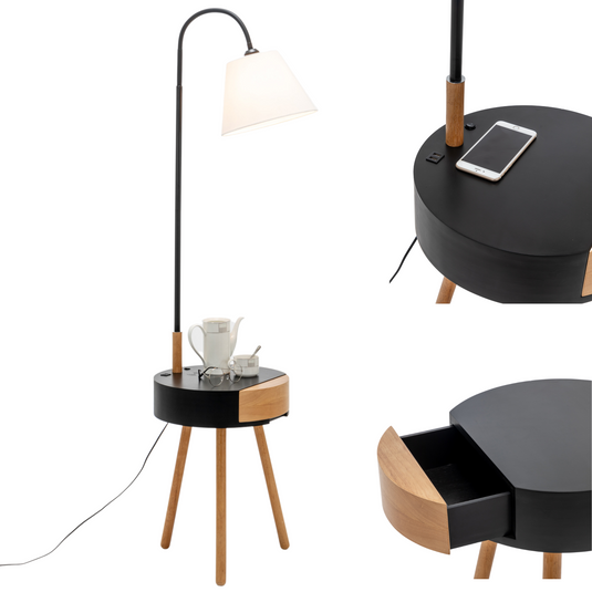 170cm Florence Wooden Tripod Lamp & Shelf/Table Storage w/ USB Charger - Natural/Black-1