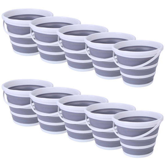 10x 10L Foldable Collapsible Bucket Silicone Hike/Camp/Fish Bulk - Grey/White-1