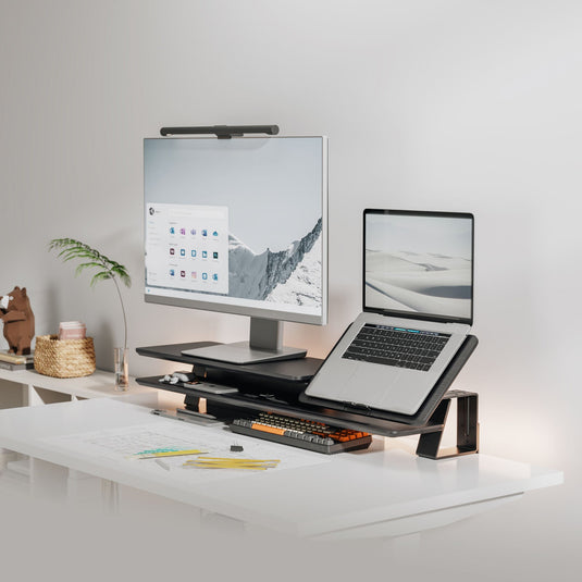 2-Tier Clamp On Monitor Stand Riser Desk Shelf w/ Laptop Height Adjuster in Matte Black-1