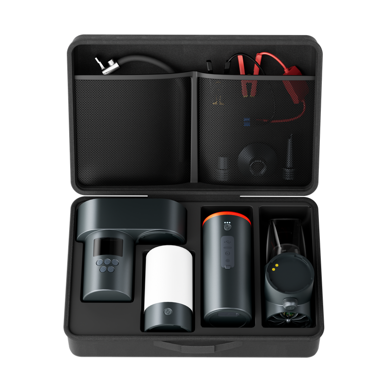 Load image into Gallery viewer, 5-in-1 Auto Smart Kit Model B-C with Tyre Inflator, Jump Starter, Multi-Functional Blow and Vacuum, Camping Light and Power Bank-0
