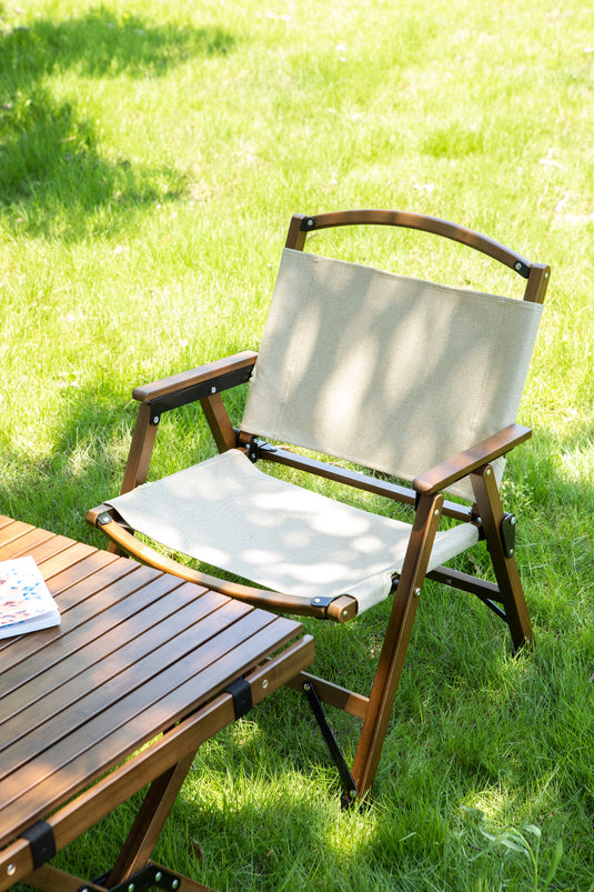 2x Bamboo Foldable Outdoor Camping Chair Wooden Travel Picnic Park Folding - Khaki/Beige-2