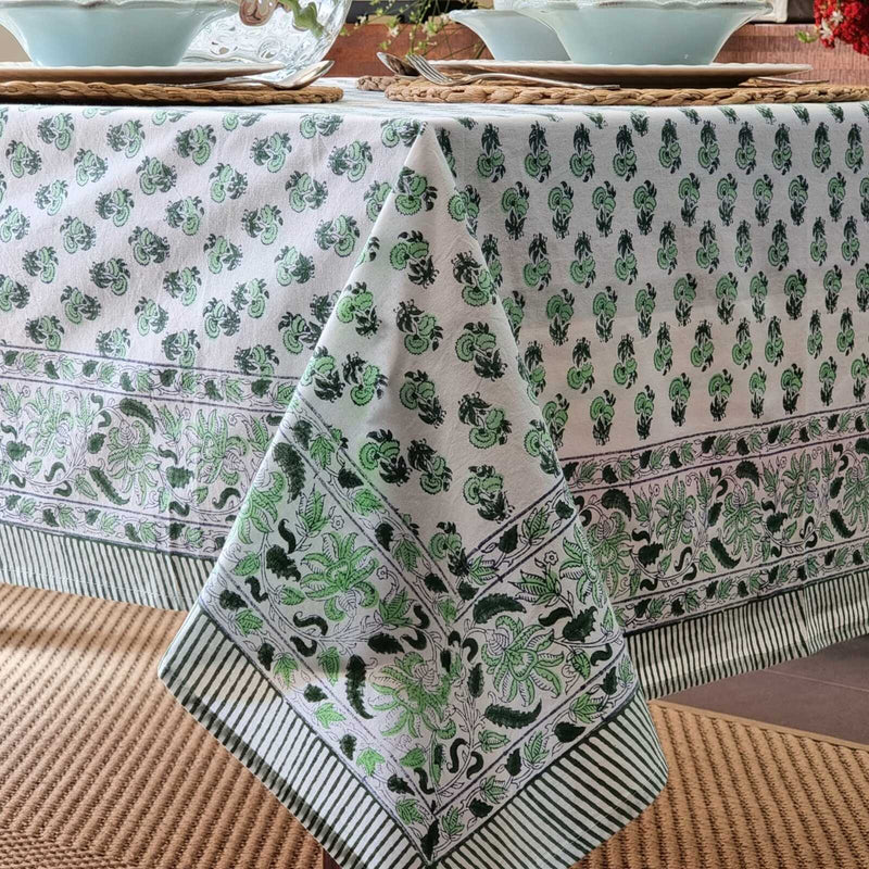 Load image into Gallery viewer, Kolka Rosemary Hand Block-Printed Cotton Tablecloth - Green
