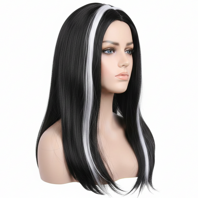 Load image into Gallery viewer, Womens VAMPIRE WIG Long Straight Wig Costume Party Hair Accessory Halloween - Black/White-2
