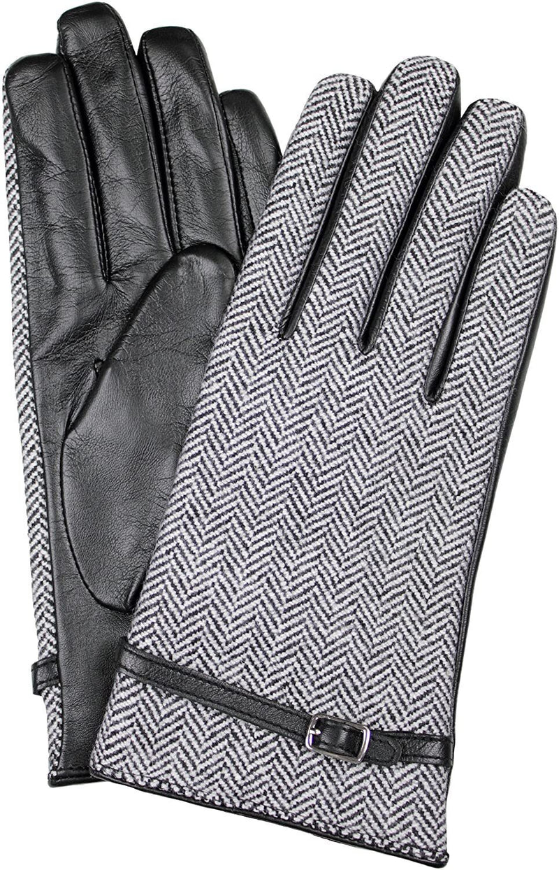 Load image into Gallery viewer, Dents Womens Leather And Wool Tweed Gloves With Strap Detailing - Black/Tweed-1
