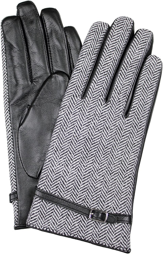 Dents Womens Leather And Wool Tweed Gloves With Strap Detailing - Black/Tweed-1