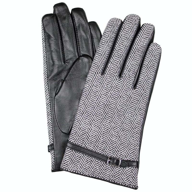 Load image into Gallery viewer, Dents Womens Leather And Wool Tweed Gloves With Strap Detailing - Black/Tweed-0
