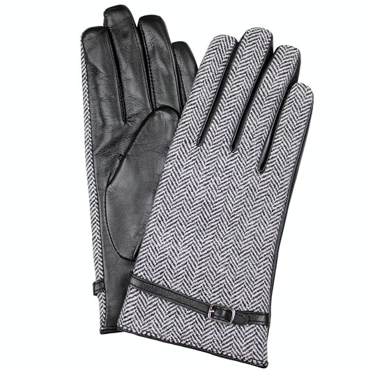 Dents Womens Leather And Wool Tweed Gloves With Strap Detailing - Black/Tweed-0