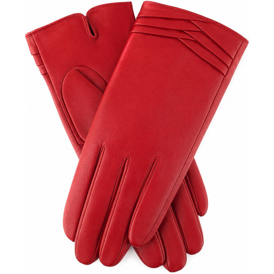 Womens Genuine Leather Gloves Fine Fleece Thermal Lining Pleat Detail - Berry-0