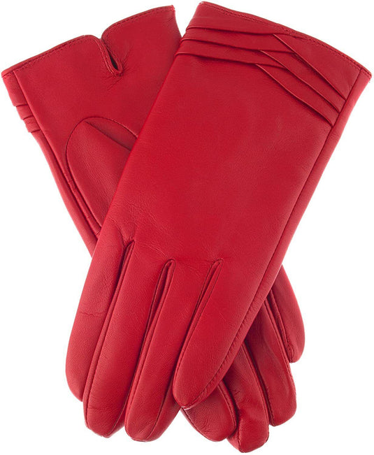 Womens Genuine Leather Gloves Fine Fleece Thermal Lining Pleat Detail - Berry-3