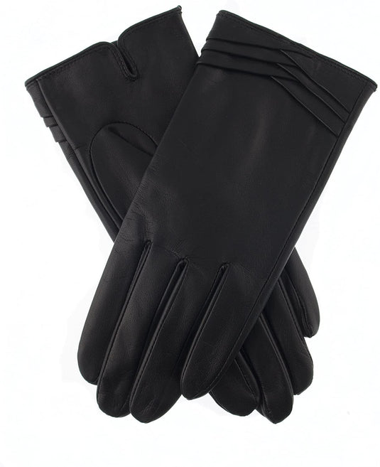 Dents Womens Leather Gloves With Pleat Detail And Fine Fleece Lining - Black - Large-0