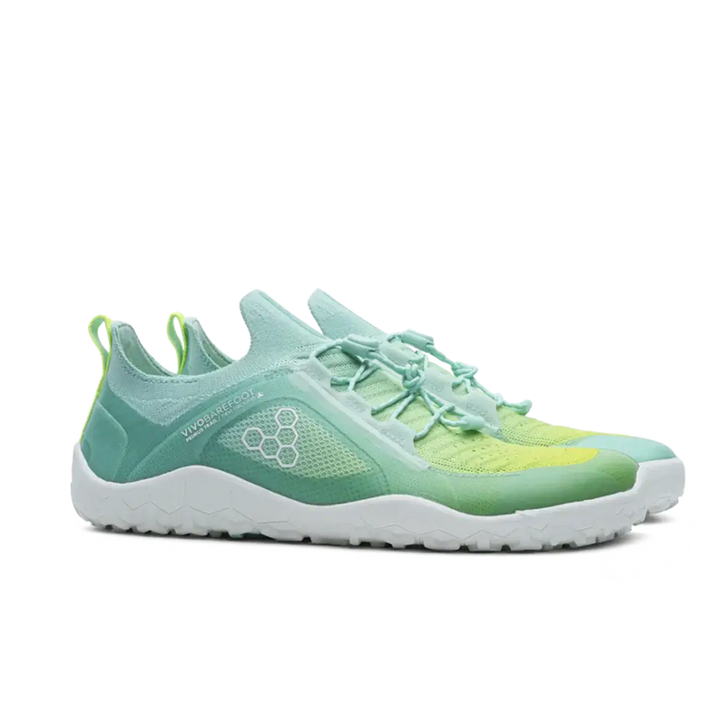 Load image into Gallery viewer, Vivobarefoot Primus Trail Knit FG Womens Beach Glass trail-running sneakers with knit upper and firm ground outsole in green and white.
