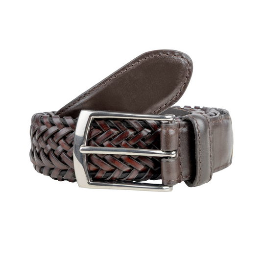 Dents Mens Woven Leather Belt with Satin Nickel Buckle in Brown-1