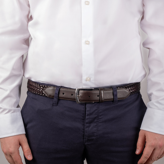 Dents Mens Woven Leather Belt with Satin Nickel Buckle in Brown-4