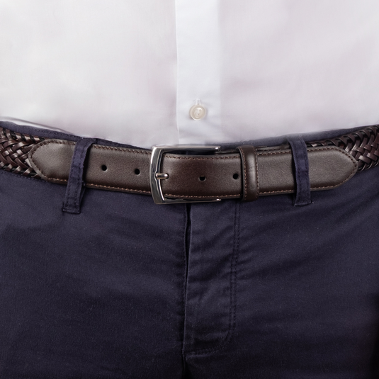 Dents Mens Woven Leather Belt with Satin Nickel Buckle in Brown-3
