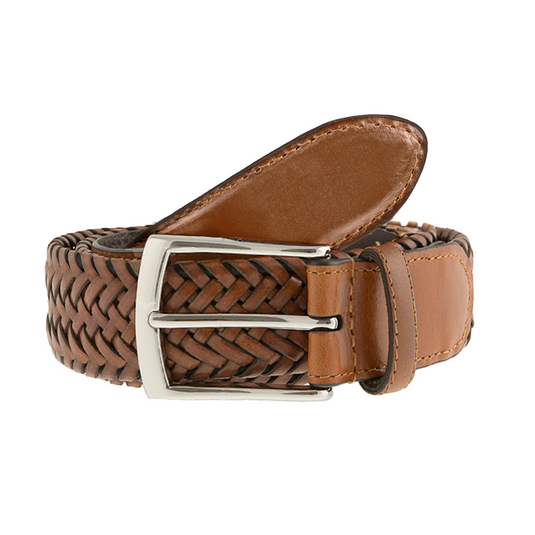 Dents Mens Woven Leather Belt with Satin Nickel Buckle in Tan-1
