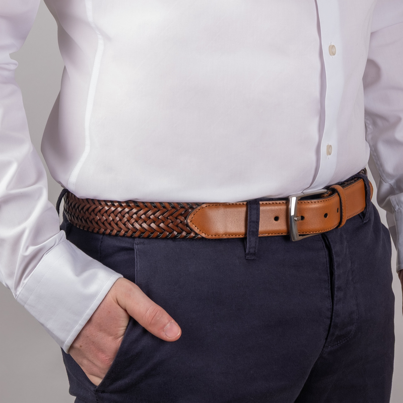 Load image into Gallery viewer, Dents Mens Woven Leather Belt with Satin Nickel Buckle in Tan-3
