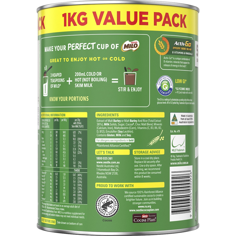 Load image into Gallery viewer, 1kg Nestle Milo Malt Chocolate Drinking Powder Hot or Cold - Product of Australia (Fresh Batch)-3
