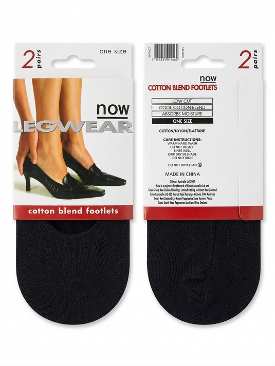 "Now" 2-Pairs Cotton Blend Footlet Low Cut Socks in Black (One Size)-1