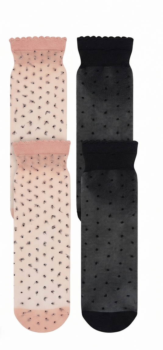 anko 2-Pairs "Sheer Spot" Anklets Socks in Black/Natural/Pink (One Size)-2