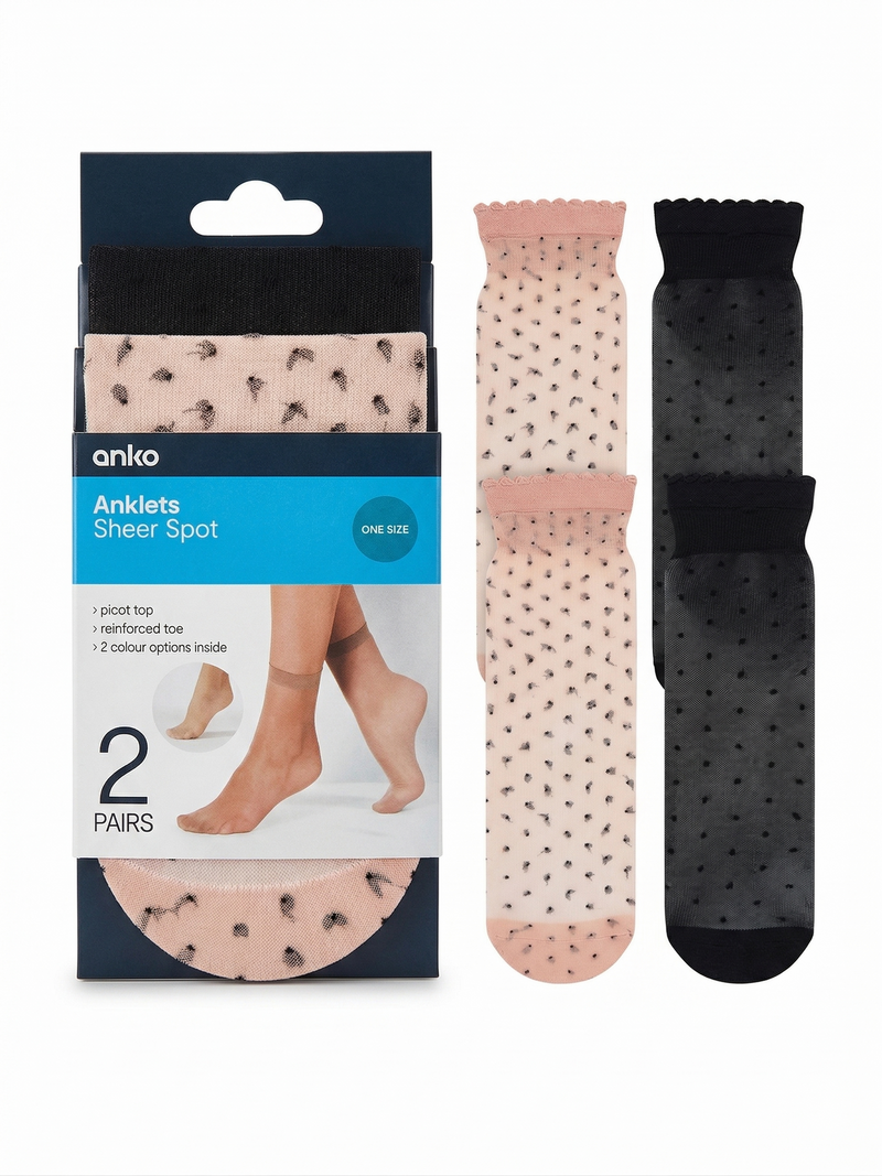 Load image into Gallery viewer, anko 2-Pairs "Sheer Spot" Anklets Socks in Black/Natural/Pink (One Size)-1
