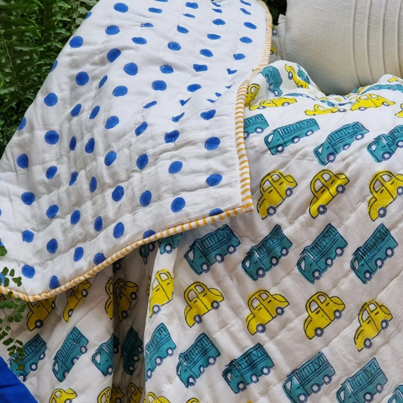 Load image into Gallery viewer, GOTS Certified Organic Cotton Reversible Baby Quilt (100x120cm) - Yellow Cars
