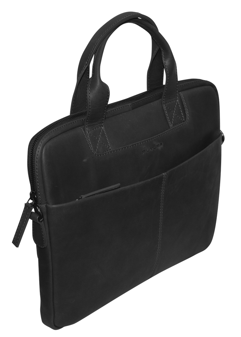 Load image into Gallery viewer, Futura Mens Slimline Leather Laptop Bag School Work Satchel Shoulder Strap - Black-3

