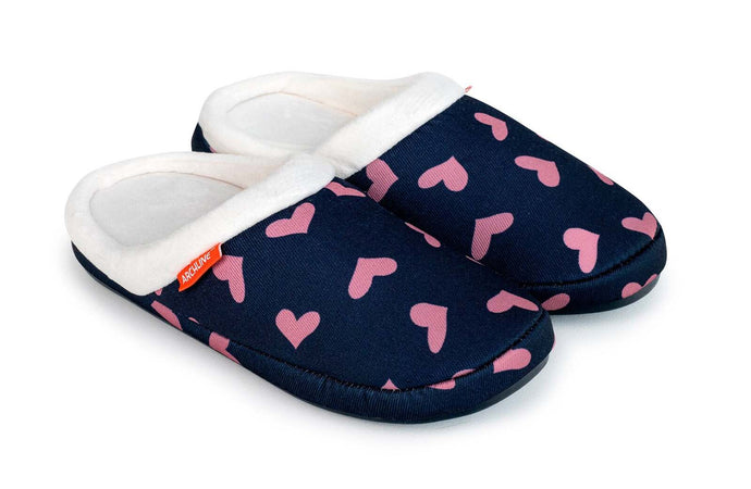 ARCHLINE Orthotic Slippers Slip On Scuffs Pain Relief Moccasins - Navy with Hearts-0
