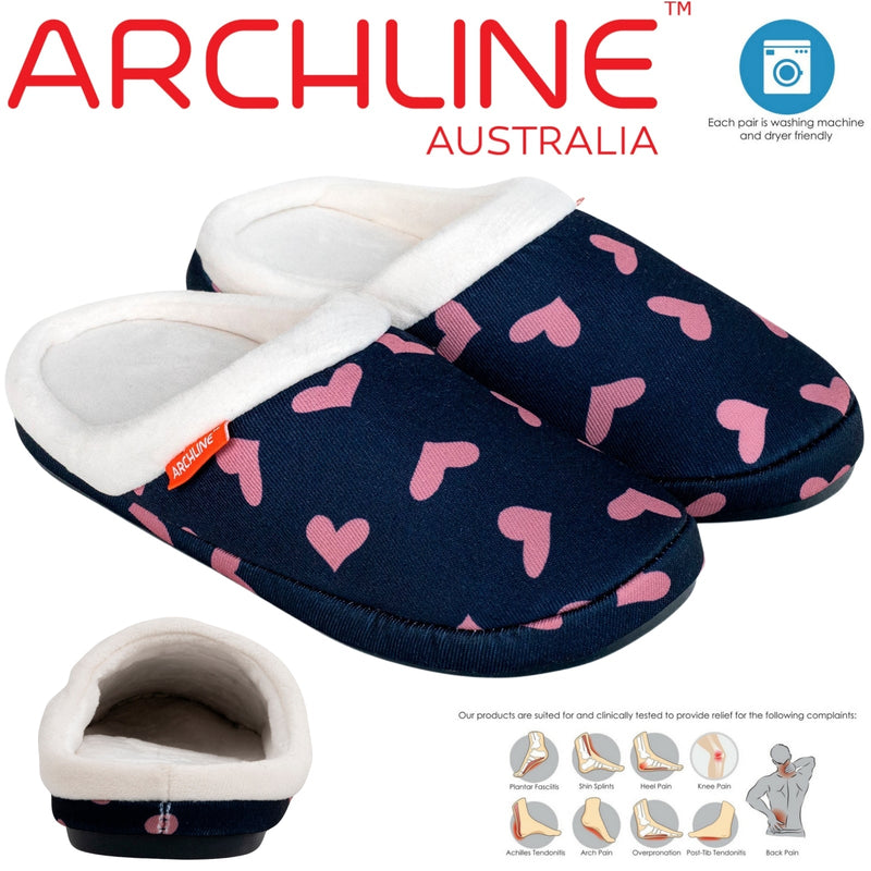 Load image into Gallery viewer, ARCHLINE Orthotic Slippers Slip On Scuffs Pain Relief Moccasins - Navy with Hearts-1

