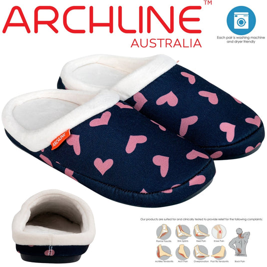 ARCHLINE Orthotic Slippers Slip On Scuffs Pain Relief Moccasins - Navy with Hearts-1