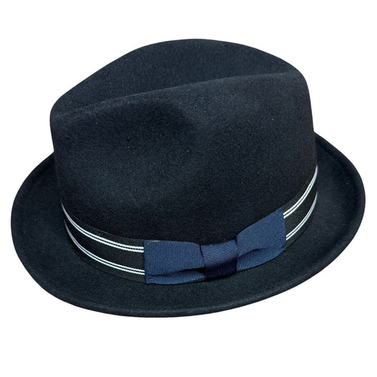 Mens 100% Wool Trilby Fedora Hat in Navy with Ribbon-0