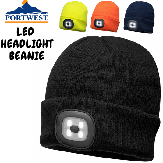 PORTWEST Beanie with LED Head Light USB Rechargeable Camping Cycling Workwear Hat-1