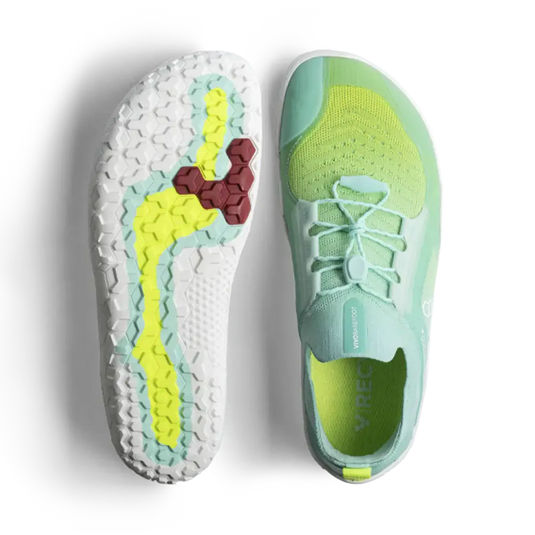 Vivobarefoot Primus Trail Knit FG Womens Beach Glass shoes with knit upper and firm ground outsole, showing top and sole views.