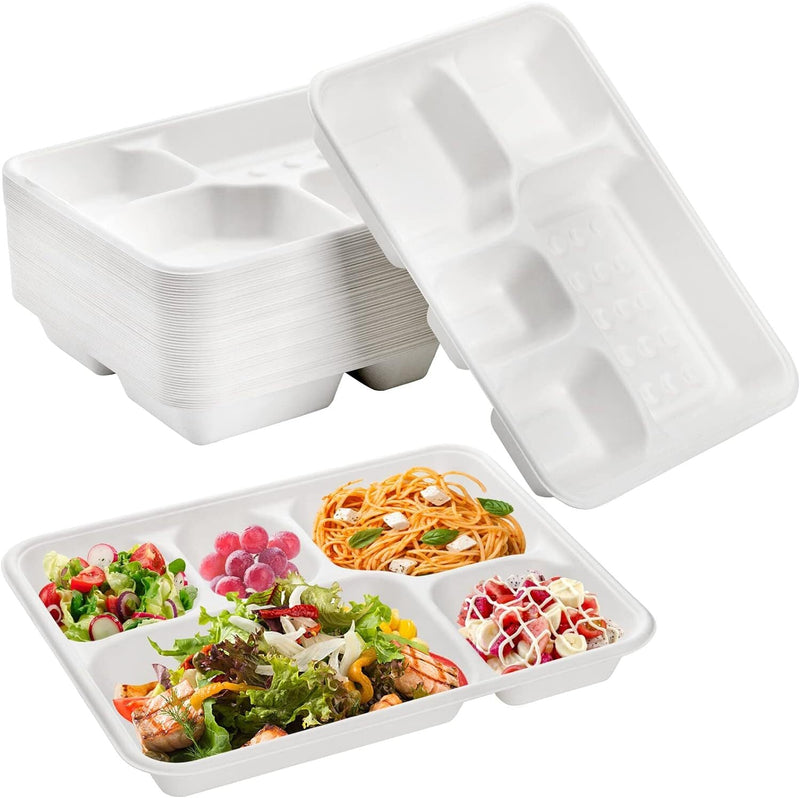 Load image into Gallery viewer, 240pcs Sugarcane Bagasse 5 Deep Compartment Lunch Paper Tray Plates 28x22cm Bulk-0
