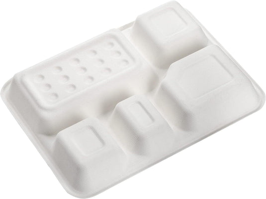 240pcs Sugarcane Bagasse 5 Deep Compartment Lunch Paper Tray Plates 28x22cm Bulk-4