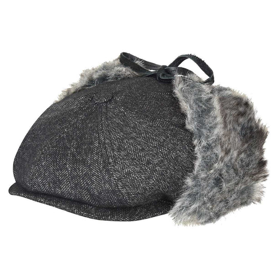 Bailey Mens Duane Ivy Flat Cap with Fold-Down Faux Fur Ear Flaps - Black-1