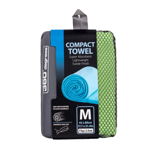 360 Degrees Microfibre Compact Towel, Medium size in packaging, super absorbent, lightweight, and suede finish, green color.